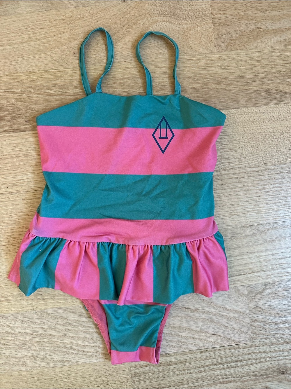 Girls Teal and Pink Striped Ruffle One-Piece Swimsuit